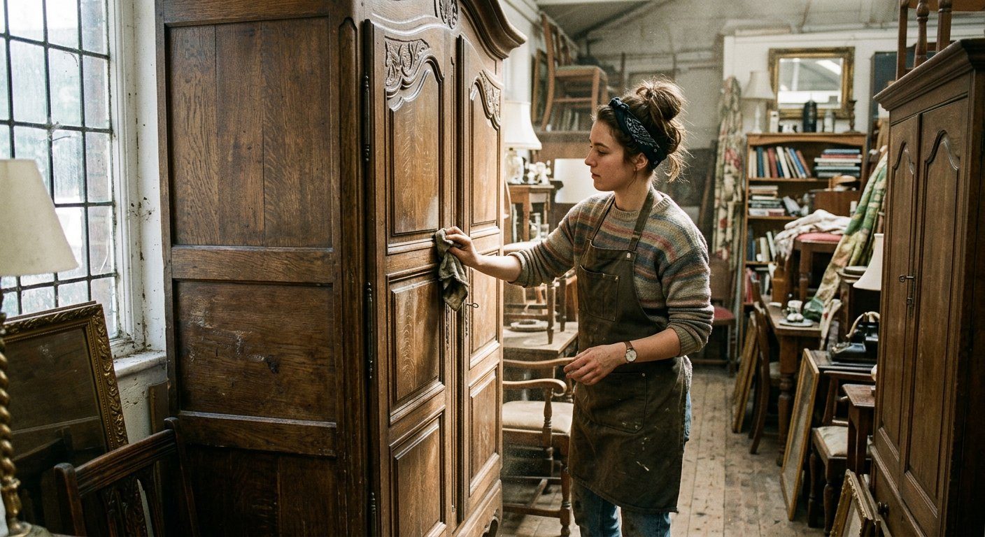 Ahşap gardırobun yüzeyini inceleyen kişi