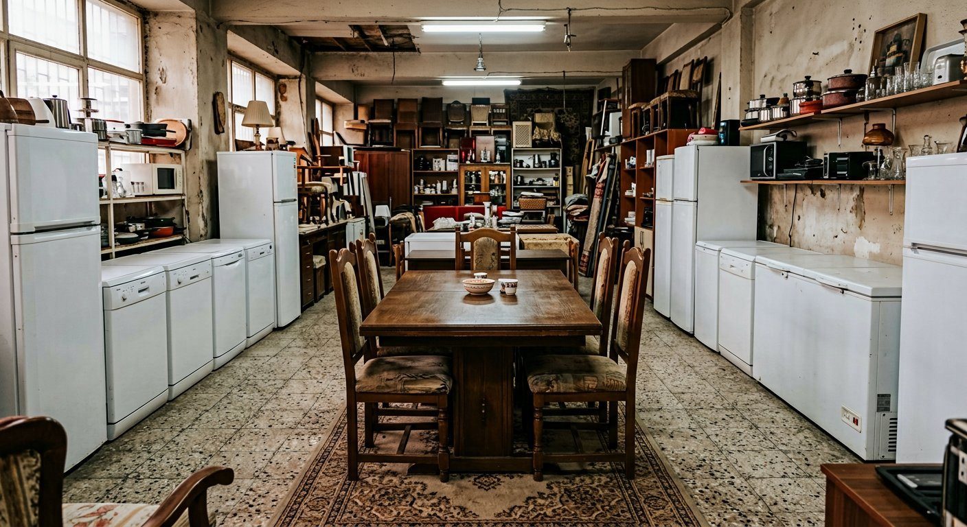 Ahşap yemek masası, sandalyeler ve beyaz eşyalar
