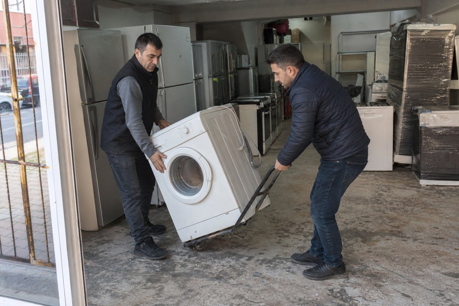 Depo girişinde beyaz eşya taşıyan personel
