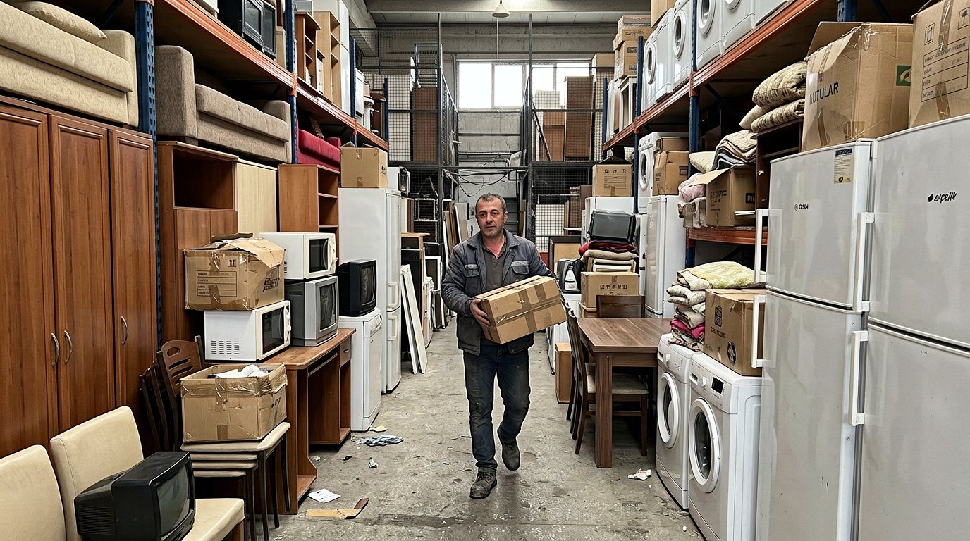 Beyaz eşya ve mobilyaların bulunduğu depo koridoru