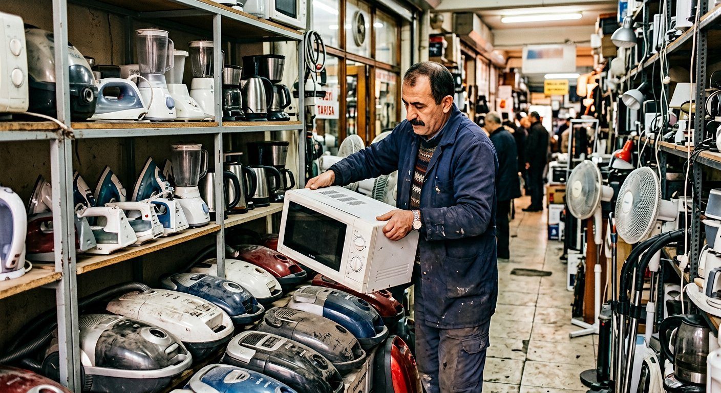Küçük ev aletlerini inceleyen mağaza çalışanı