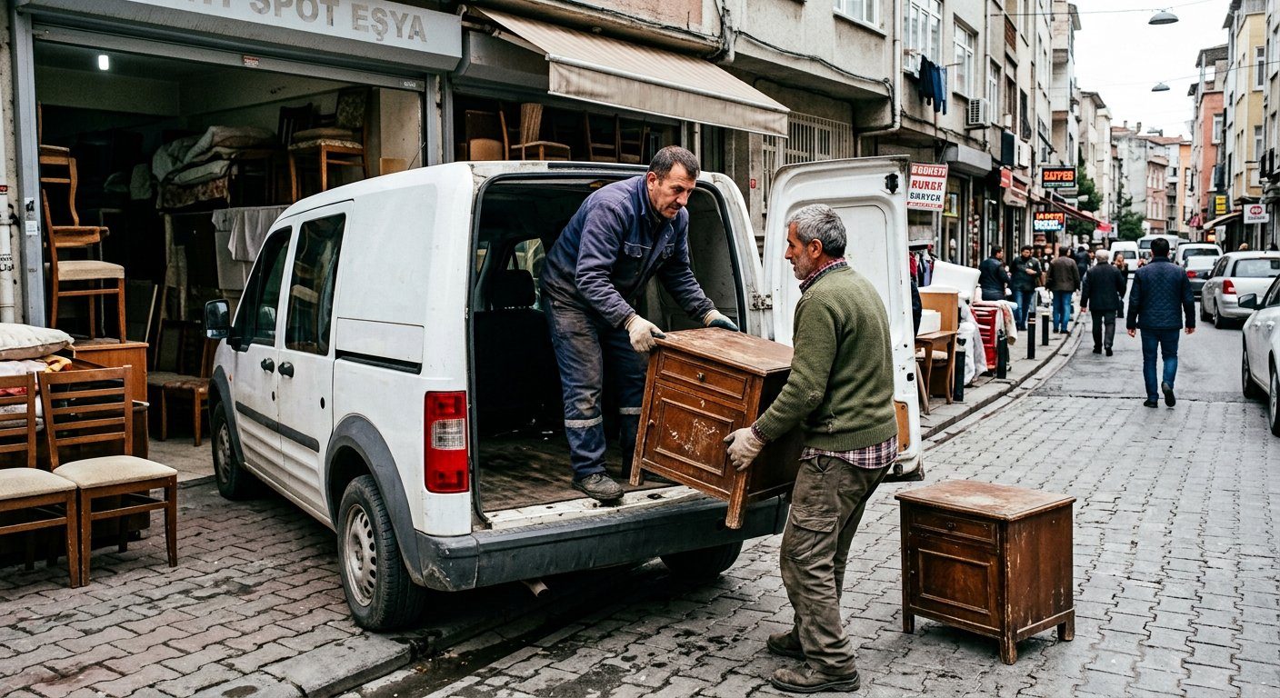 Küçük dolapları araca yükleyen iki kişi