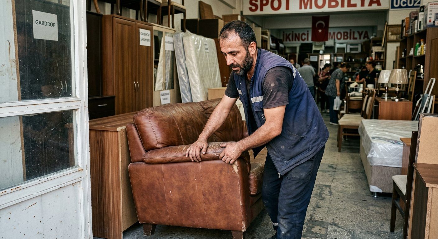 Mobilyaları mağaza içinde düzenleyen çalışan