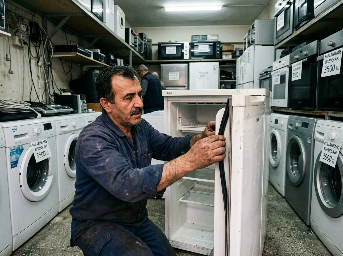 Buzdolabının kapağını inceleyen kişi