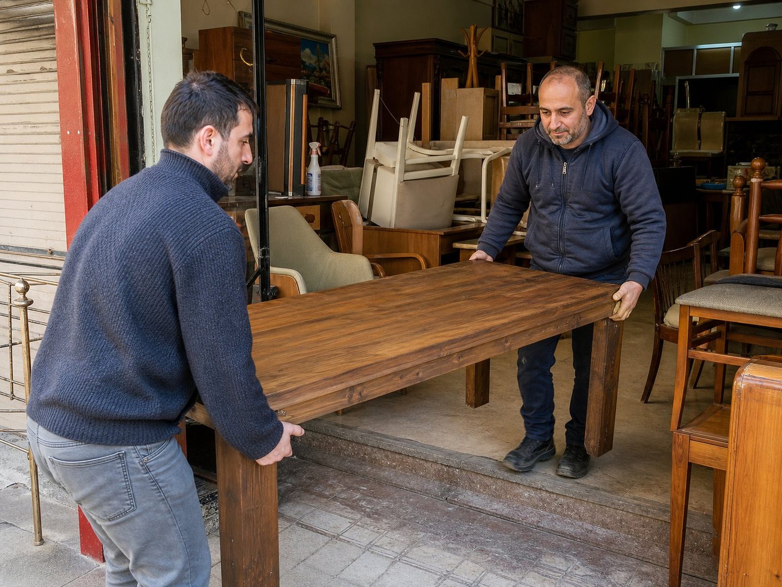 Ahşap yemek masasını birlikte taşıyan iki kişi
