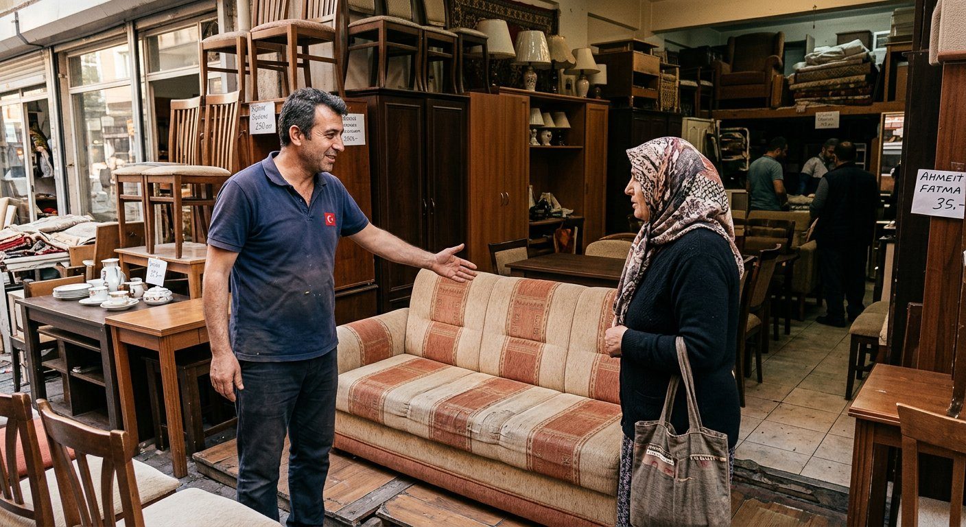 Koltuk ve mobilyalar hakkında görüşen kişiler